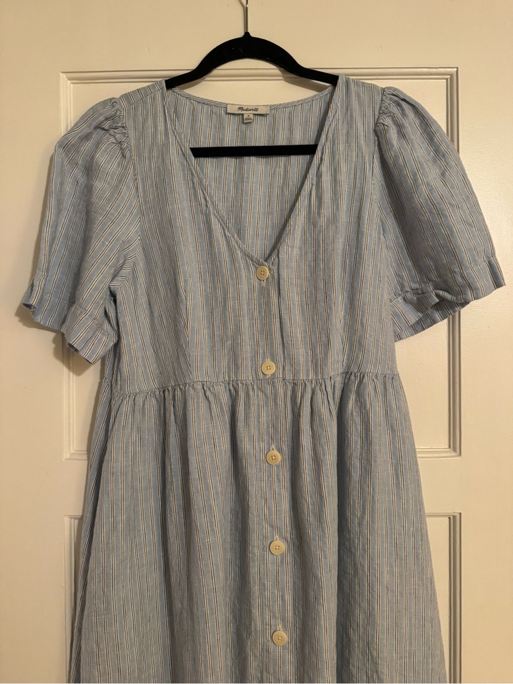 Madewell Light Blue Striped Button-Front Midi Dress Linen Size Medium - Picture 3 of 5